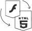  Icon showing arrows moving from the Flash logo to the HTML5 logo, representing the transition from Flash-based content to HTML5 for eLearning modules. The arrows indicate the conversion process, symbolizing the modernization and compatibility of eLearning content across various devices.