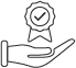 Icon featuring a hand holding a floating badge with a check mark, symbolizing value-added services in custom eLearning. The badge represents quality assurance and additional benefits, highlighting the extra support and enhancements provided to elevate the overall learning experience.
